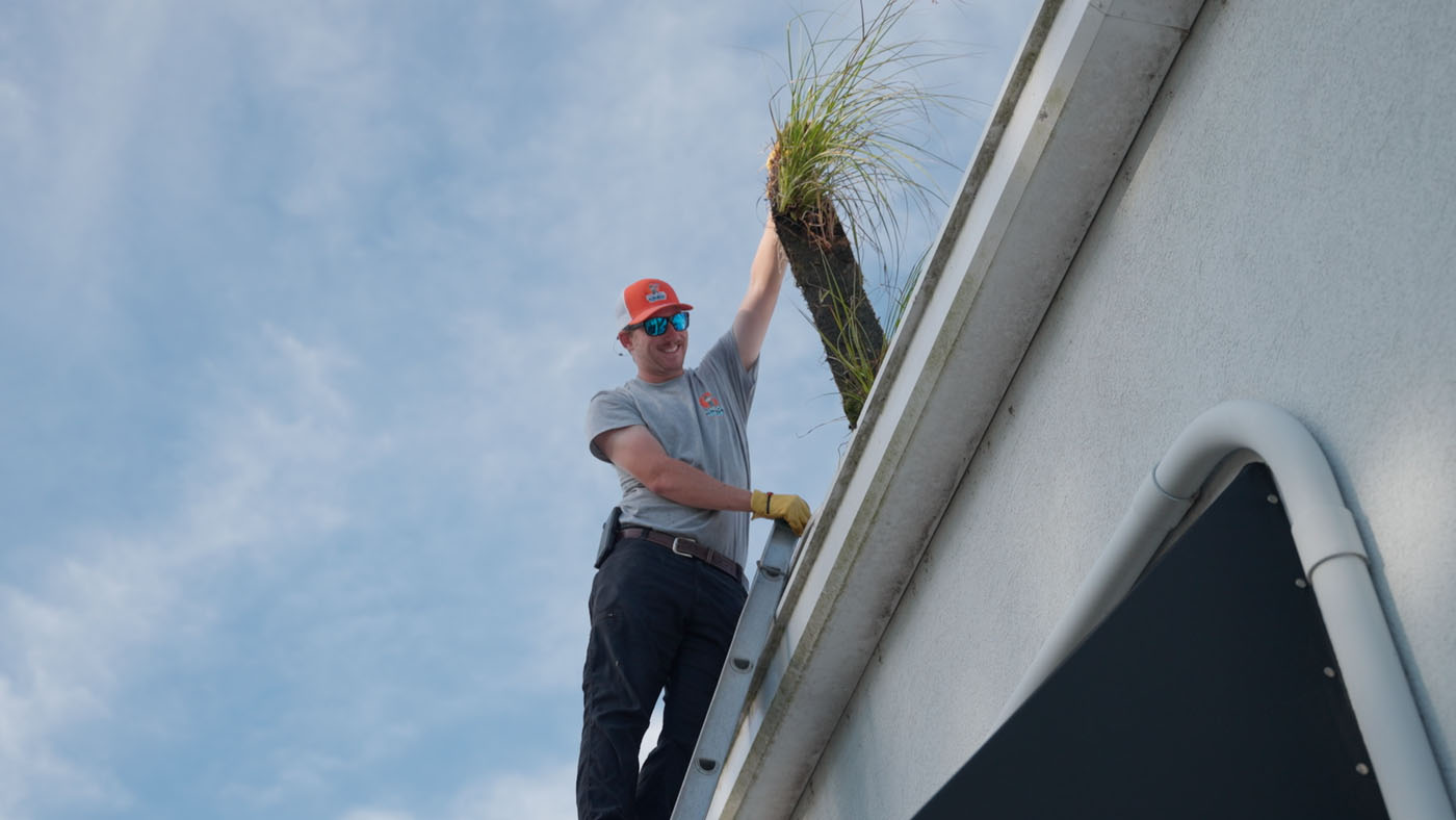 a Window Ninjas team member on a ladder cleaning out a gutter. 